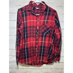 Women’s M Red Plaid Tartan Button Down Shirt Ruffle Front Long Sleeve Flannel